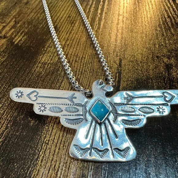 Native American Handcrafted Thunderbird Turquoise and Silver Pendant Necklace